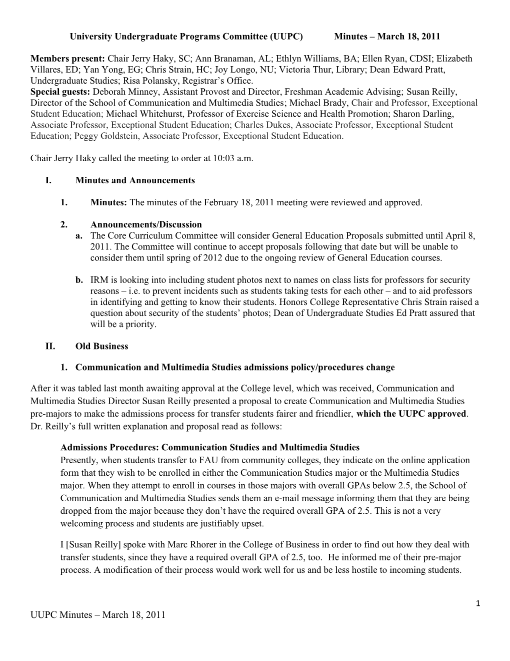 University Undergraduate Programs Committee (UUPC) Minutes March 18, 2011