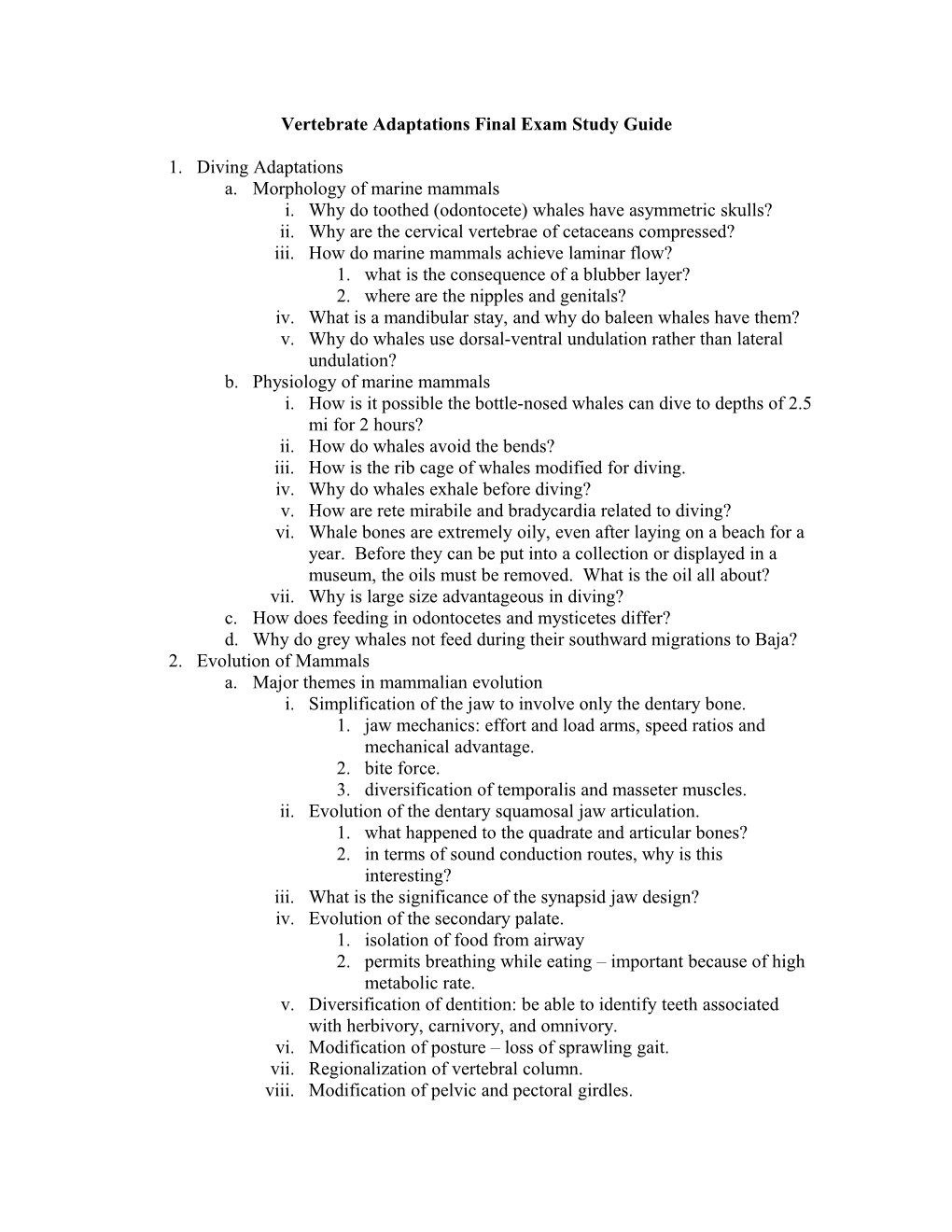 Vertebrate Adaptations Final Exam Study Guide