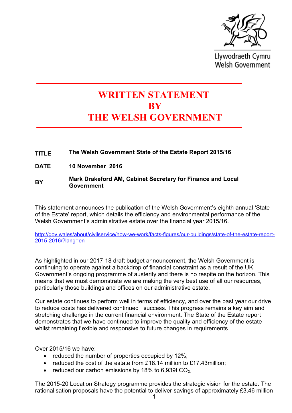 The Welsh Government State of the Estate Report 2015/16