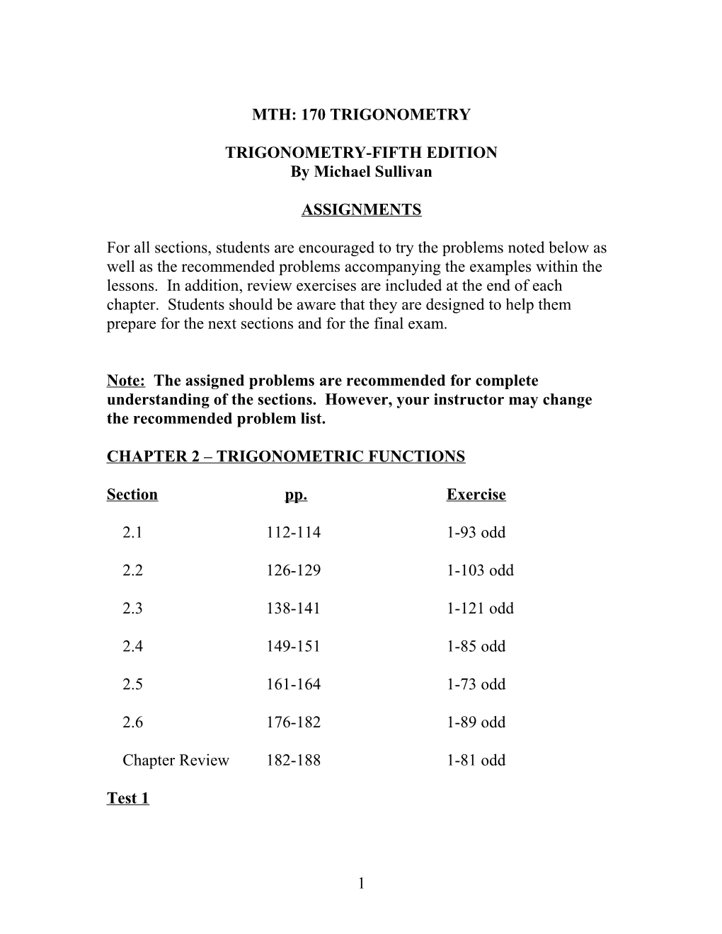 Trigonometry MTH 170Text: Trigonometry-5Th Edition by Michael Sullivan