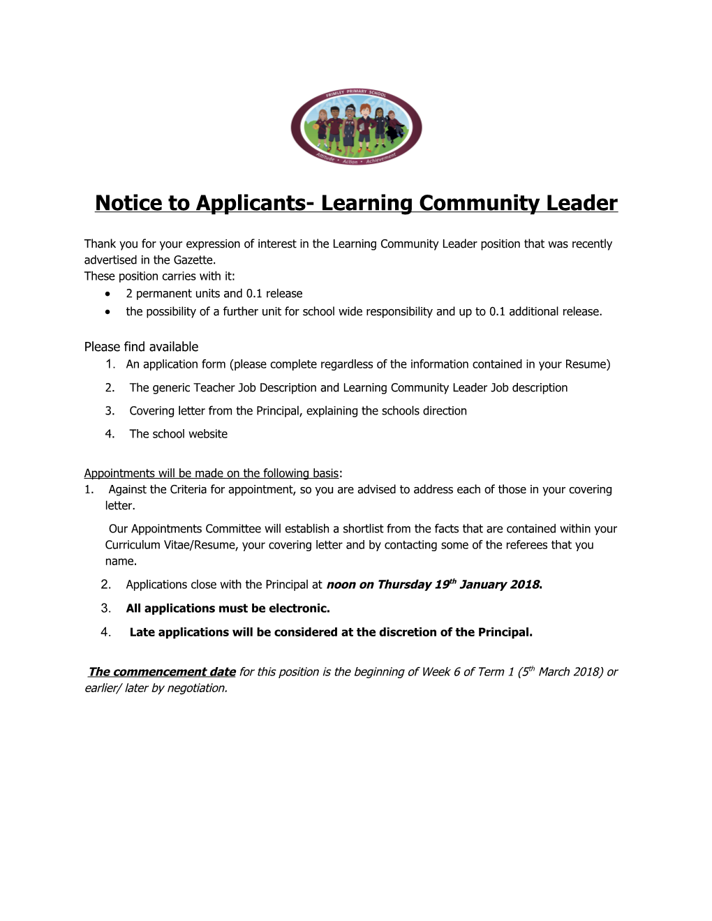 Notice to Applicants- Learning Community Leader