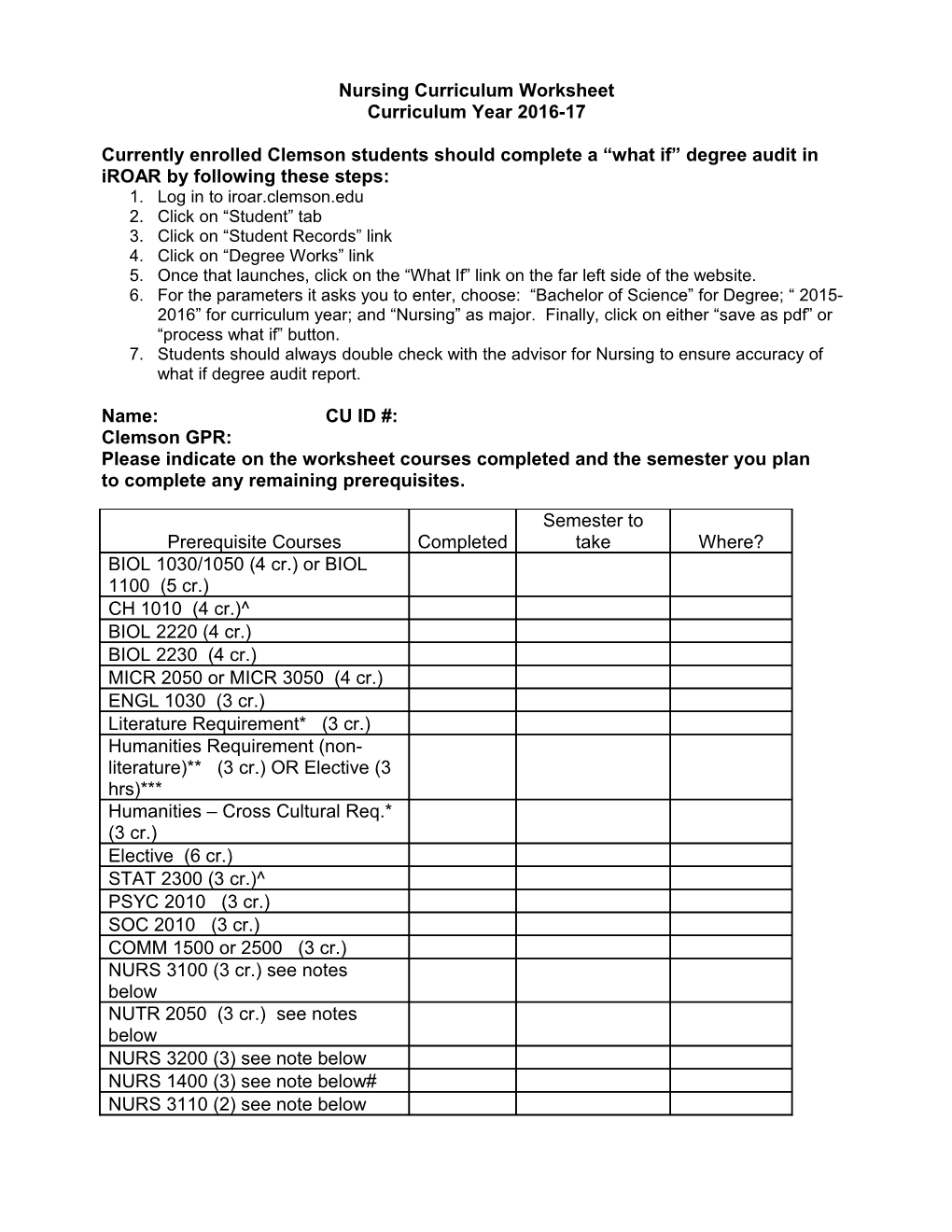 Nursing Curriculum Worksheet