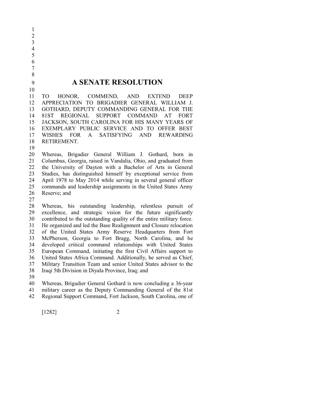 2013-2014 Bill 1282: Brigadier General William J. Gothard - South Carolina Legislature Online