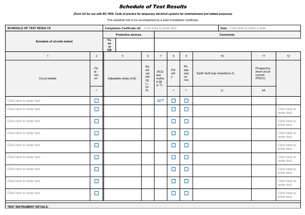 Schedule of Test Results