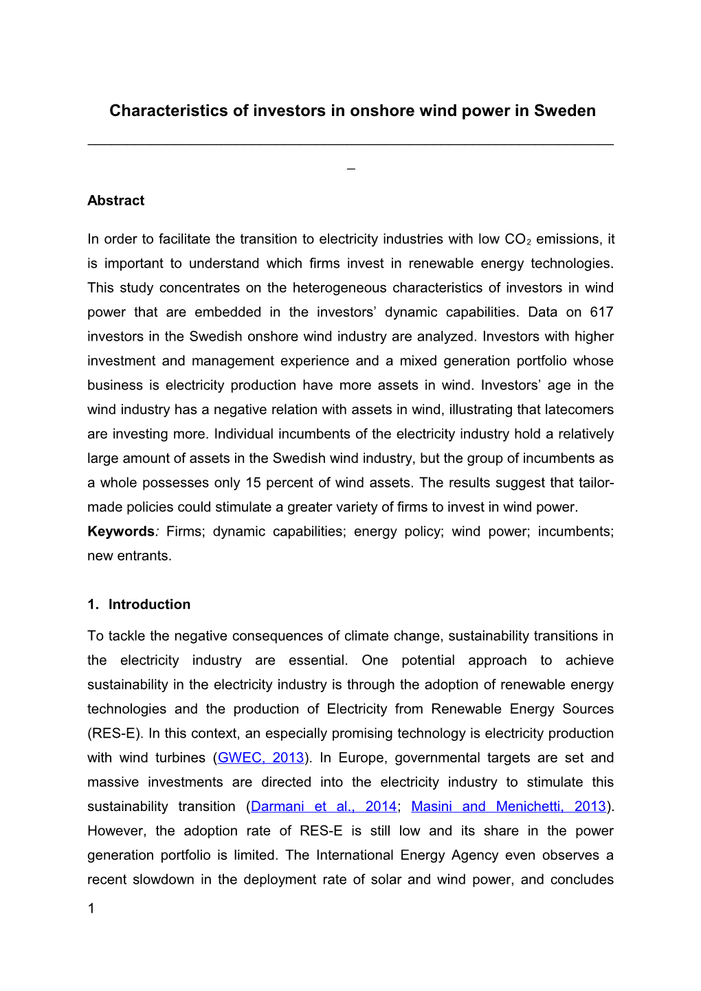 Characteristics of Investors in Onshore Wind Power in Sweden