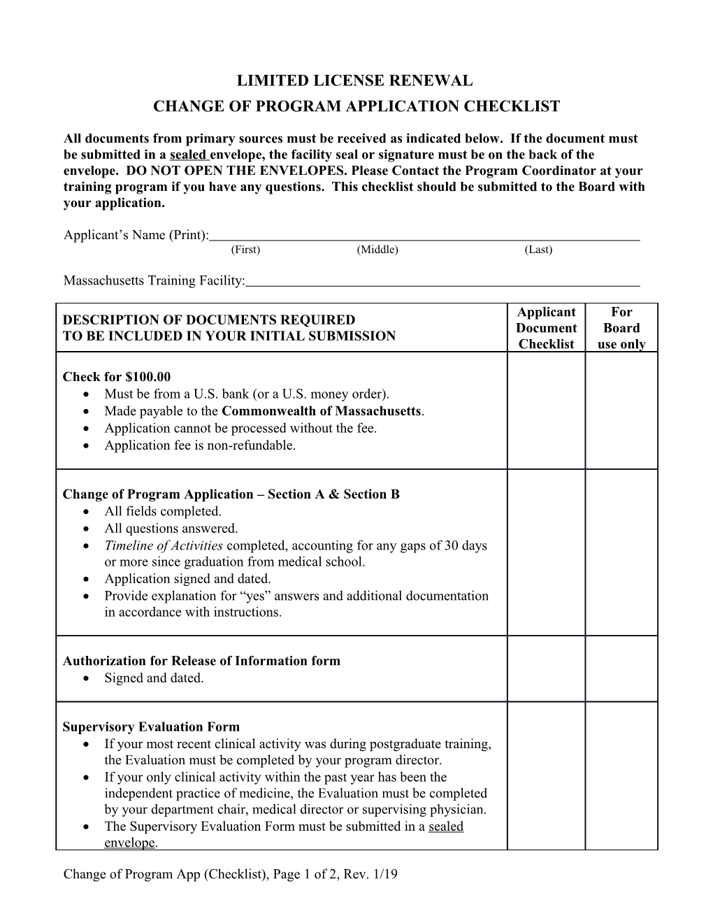 Change of Program Application Checklist