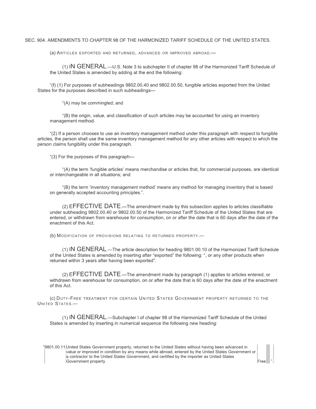 SEC. 904. Amendments to Chapter 98 of the Harmonized Tariff Schedule of the United States