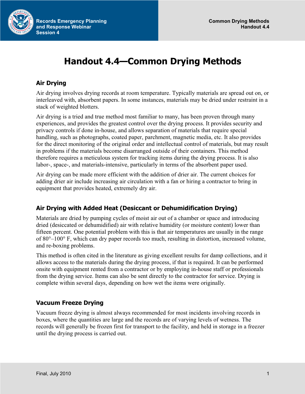 Handout 4.4: Common Drying Methods
