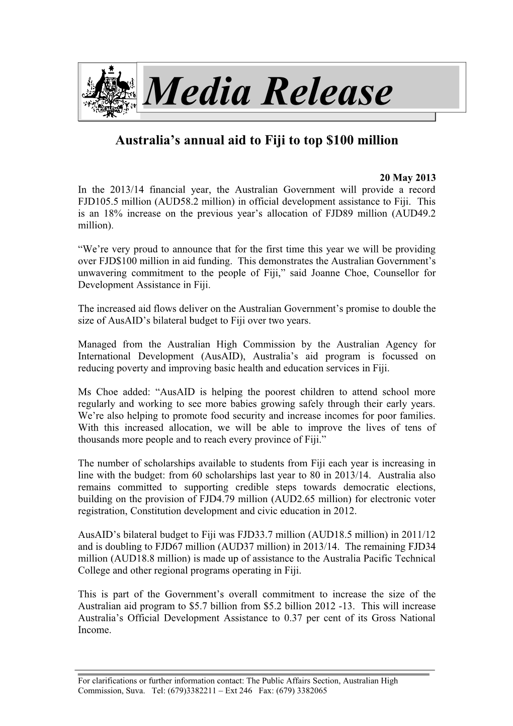Australia S Annual Aid to Fiji to Top $100 Million
