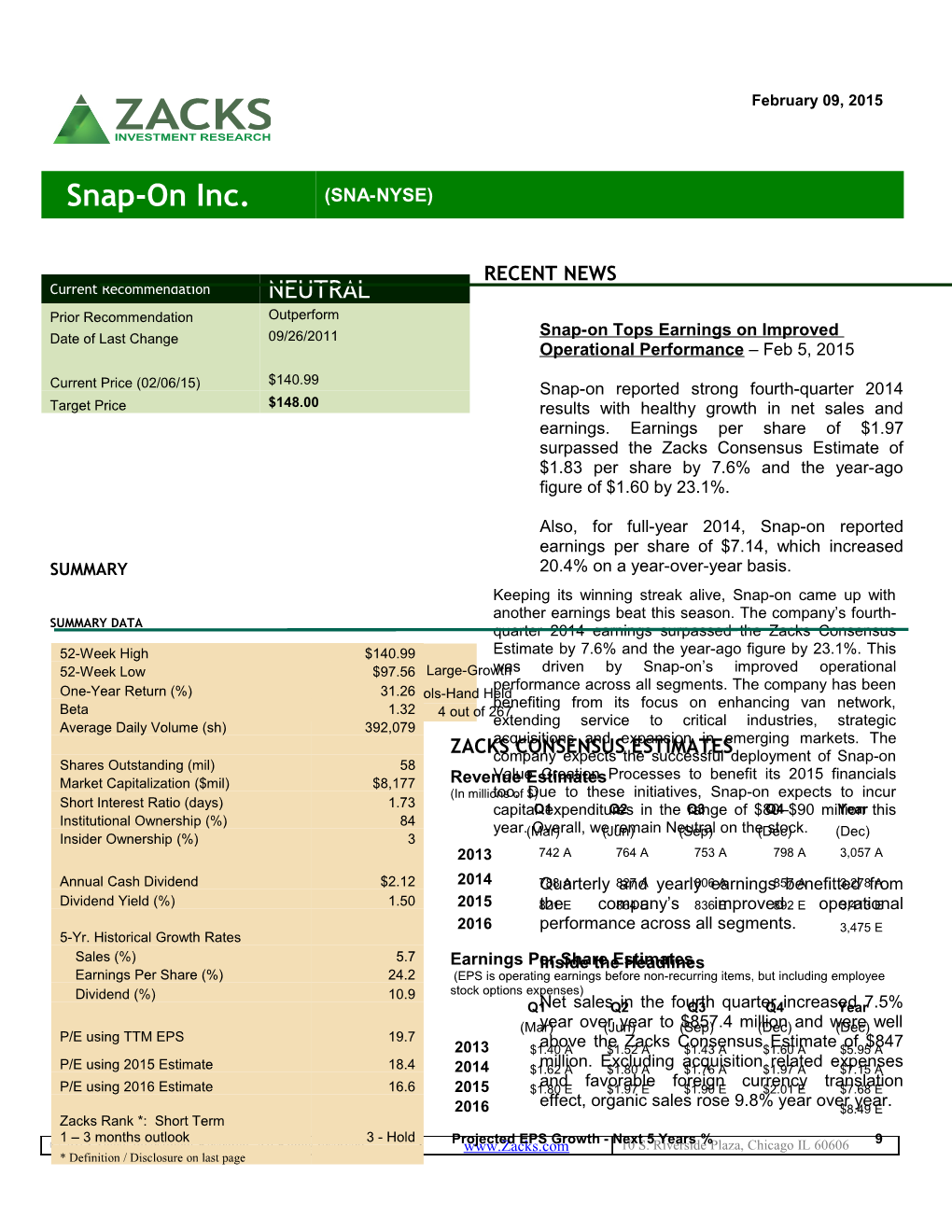 Snap-On Tops Earnings on Improved Operational Performance Feb 5, 2015