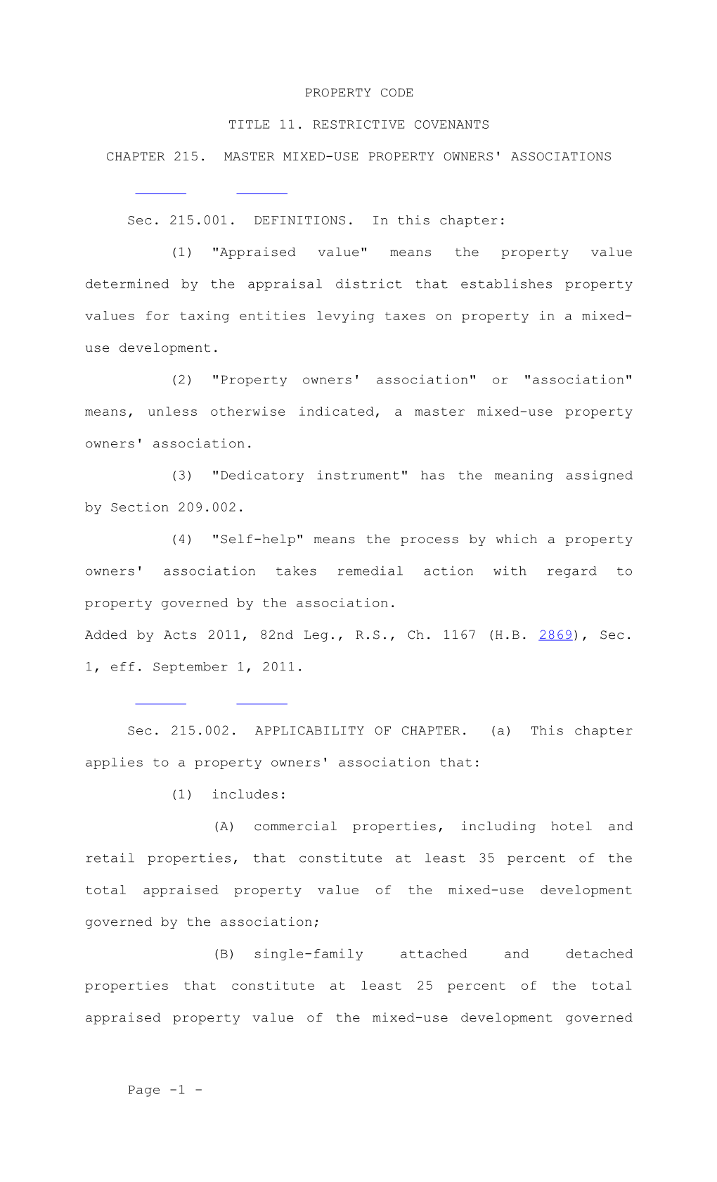 Chapter 215. Master Mixed-Use Property Owners' Associations