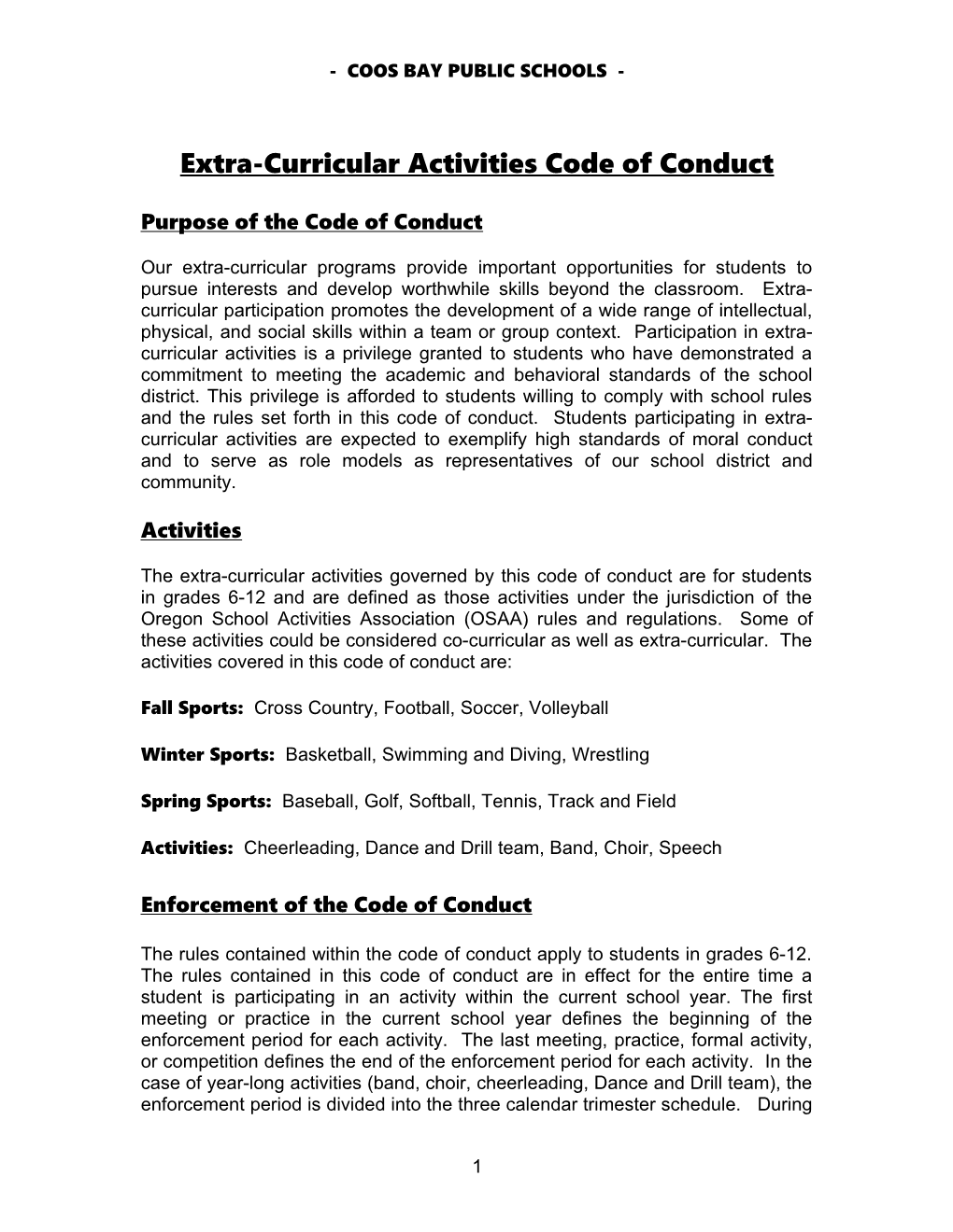 Extra-Curricular Code of Conduct