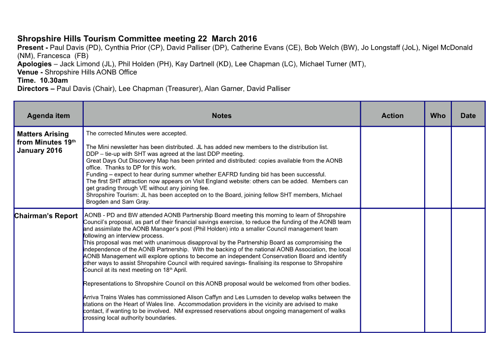Shropshire Hills Tourism Committee Meeting 22 March 2016