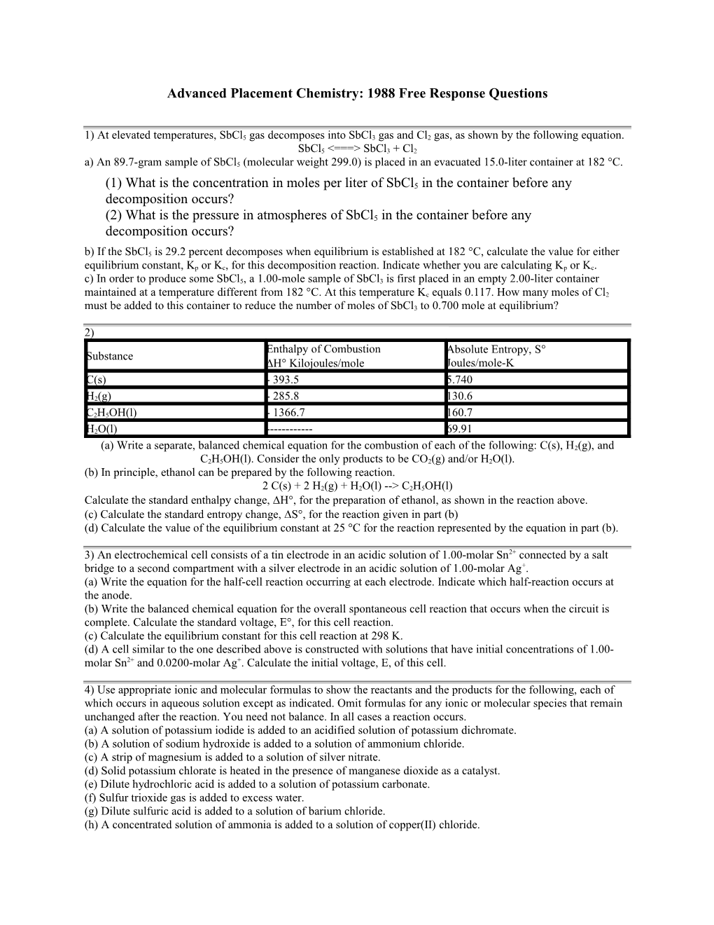 Advanced Placement Chemistry: 1988 Free Response Questions