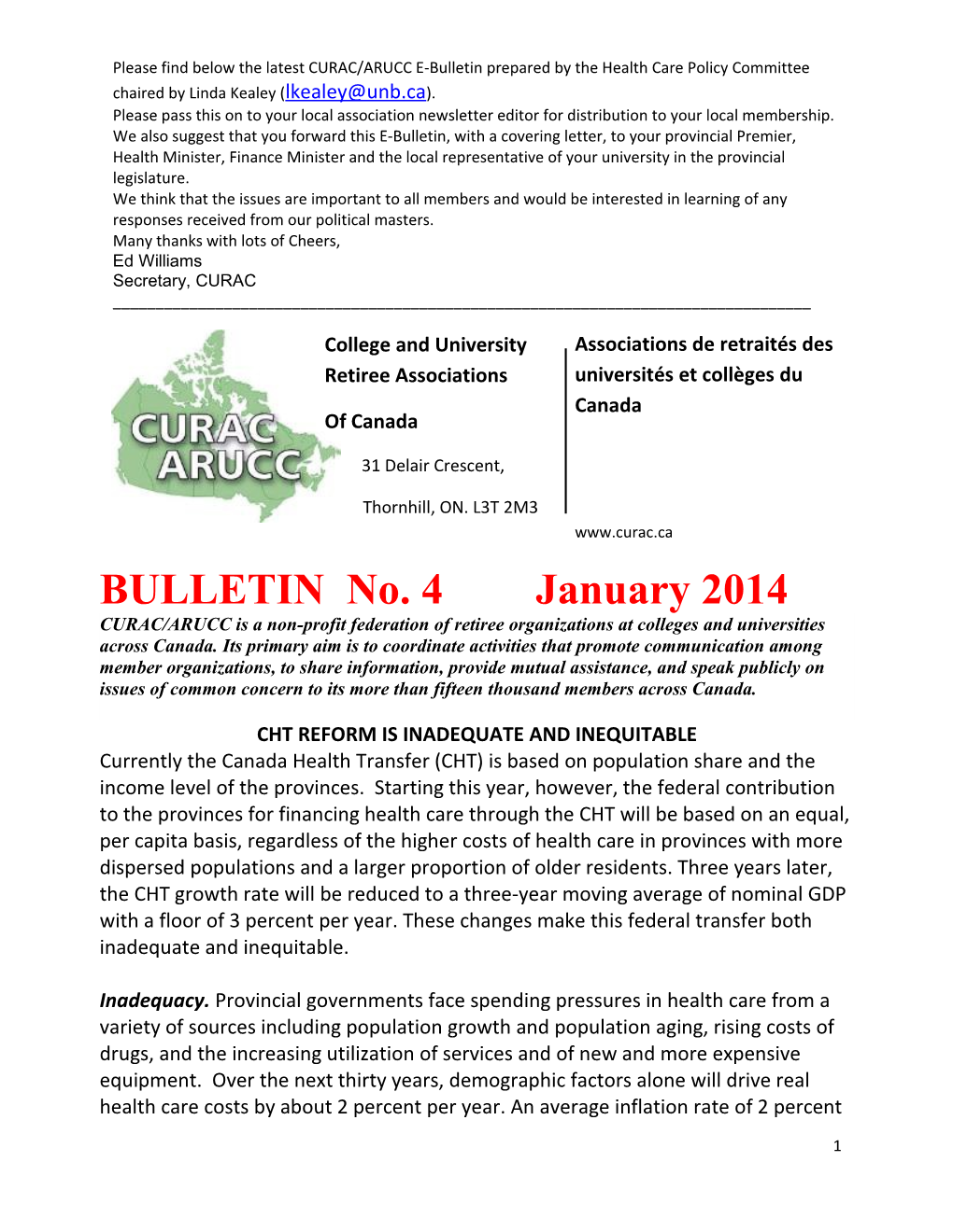 Please Find Below the Latest CURAC/ARUCC E-Bulletin Prepared by the Health Care Policy