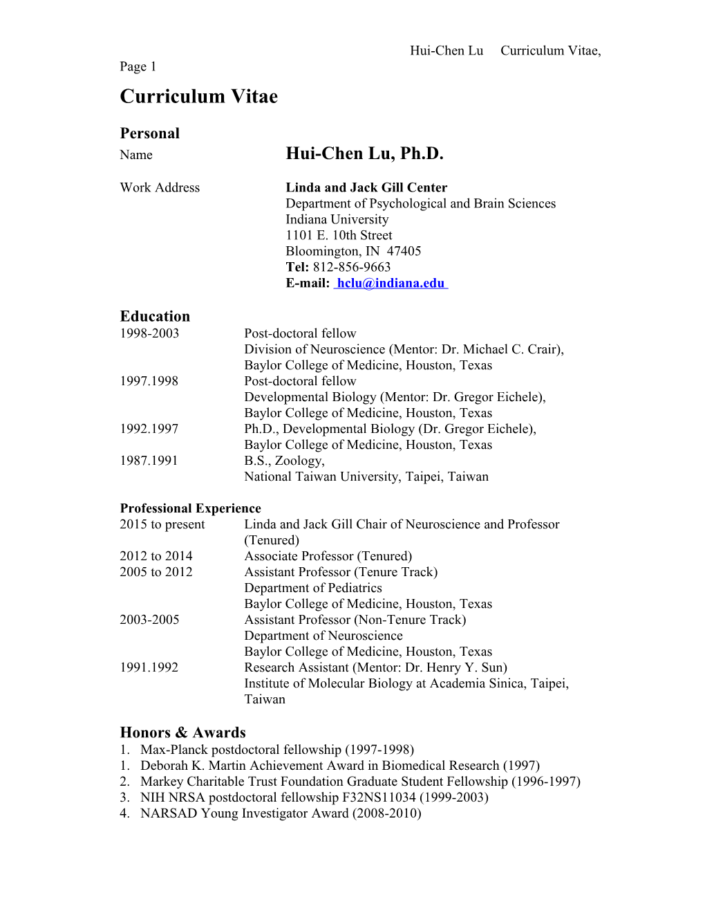 Hui-Chen Lu Curriculum Vitae, Page 1
