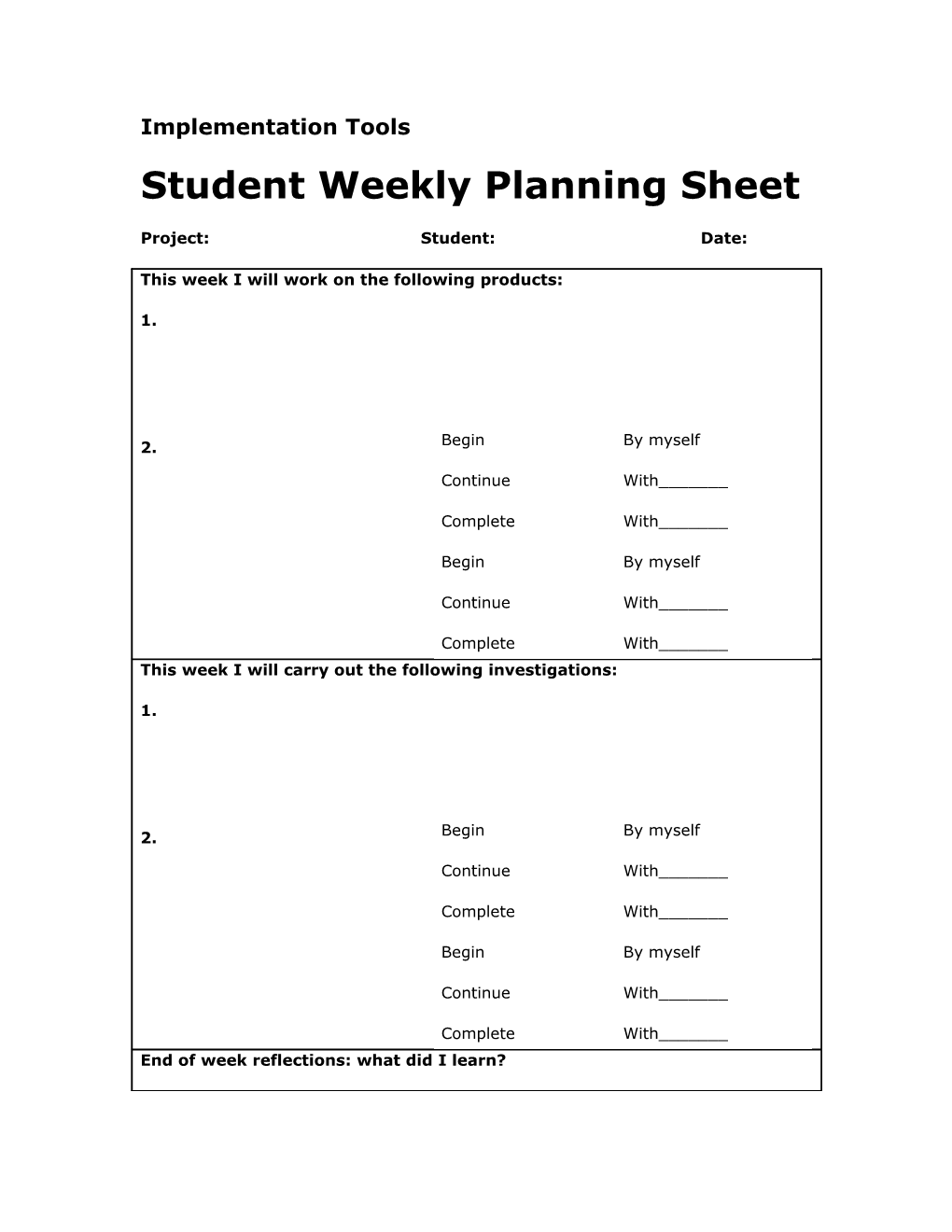 Student Weekly Planning Sheet