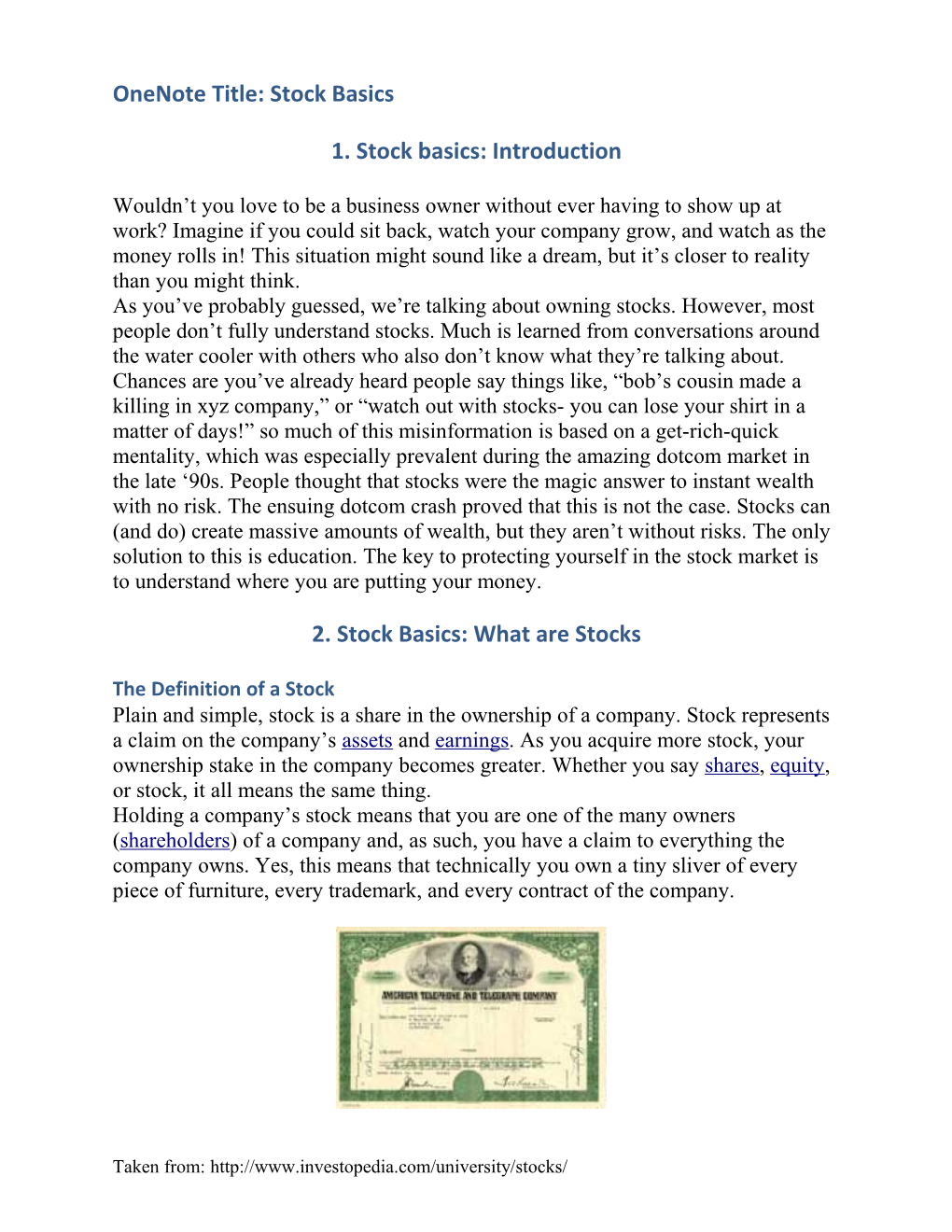 Onenote Title: Stock Basics