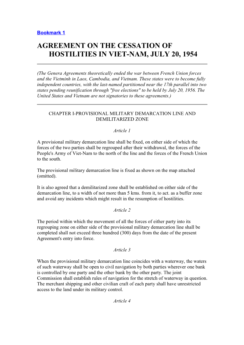 Agreement on the Cessation of Hostilities in Viet-Nam, July 20, 1954