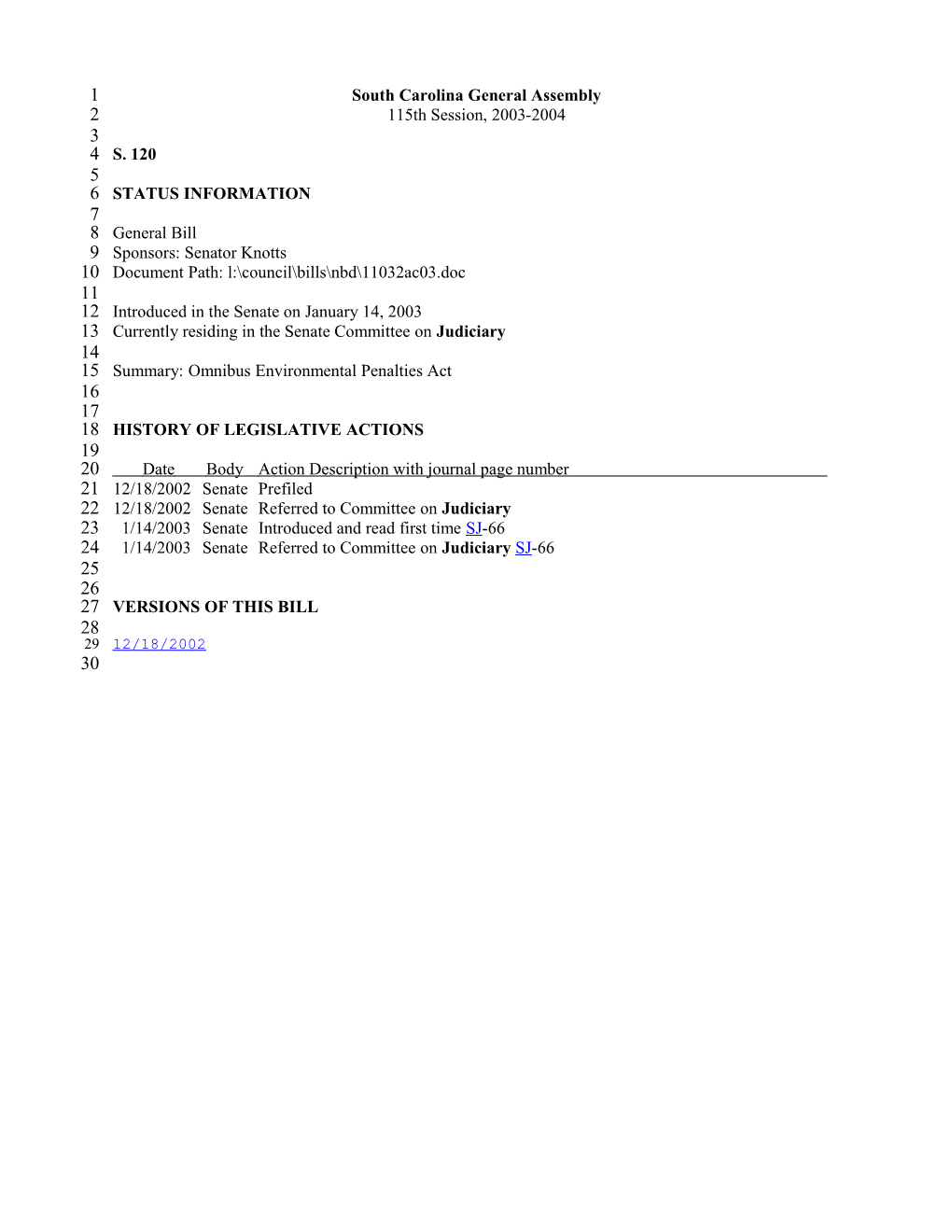 2003-2004 Bill 120: Omnibus Environmental Penalties Act - South Carolina Legislature Online