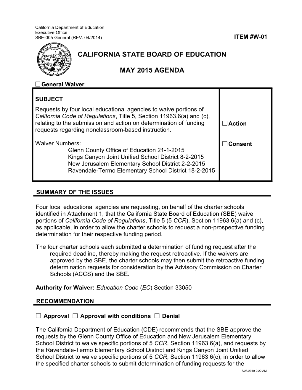 May 2015 Waiver Item W-01 - Meeting Agendas (CA State Board of Education)