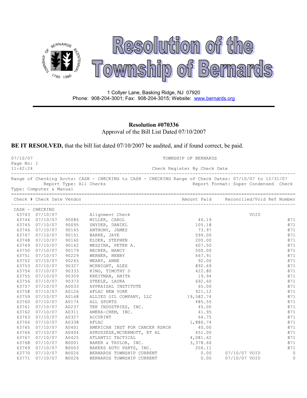 Approval of the Bill List Dated 07/10/2007