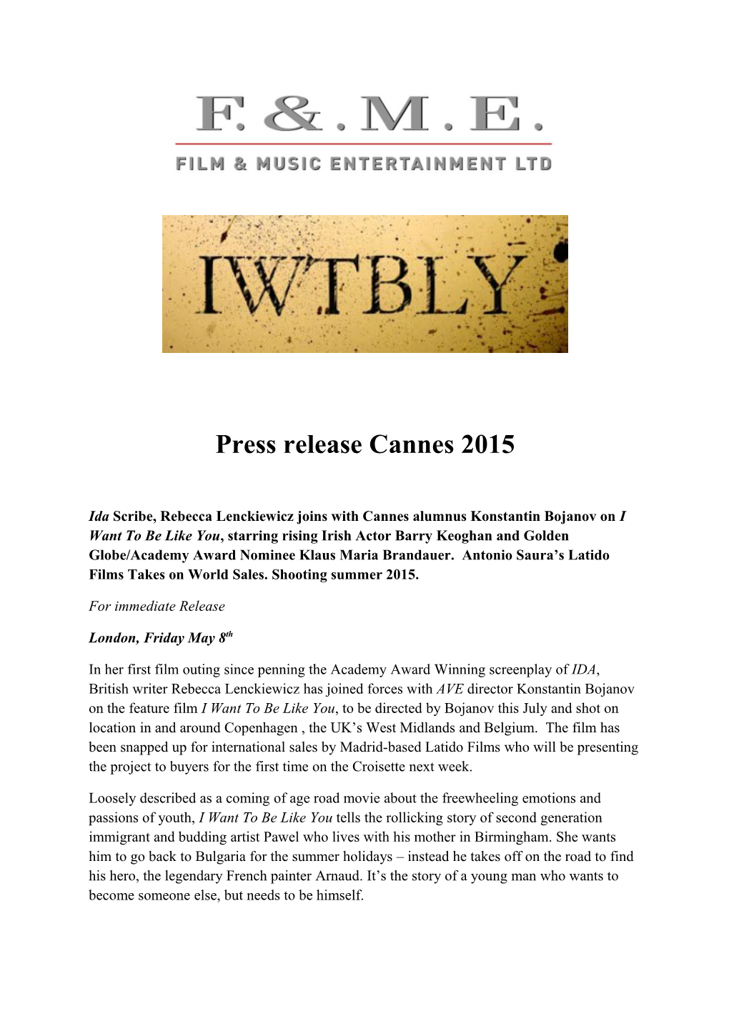Press Release Cannes 2015