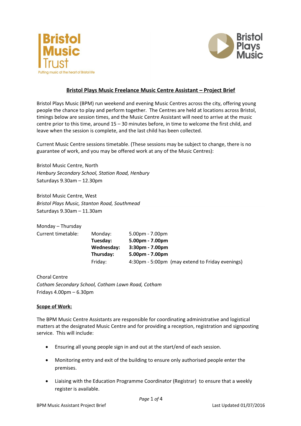 Bristol Plays Music Freelance Music Centre Assistant Project Brief