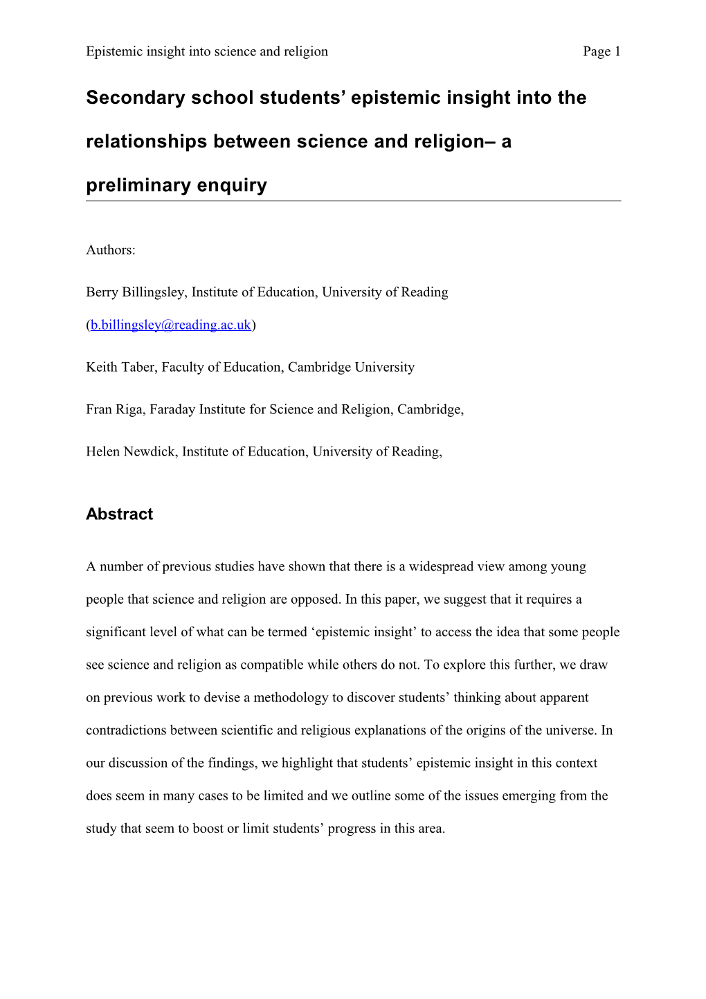 Epistemic Insight Into Science and Religionpage 1