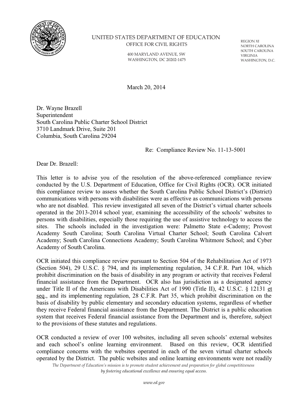 Resolution Letter: South Carolina Public Charter School District: Compliance Review #11-13-5001