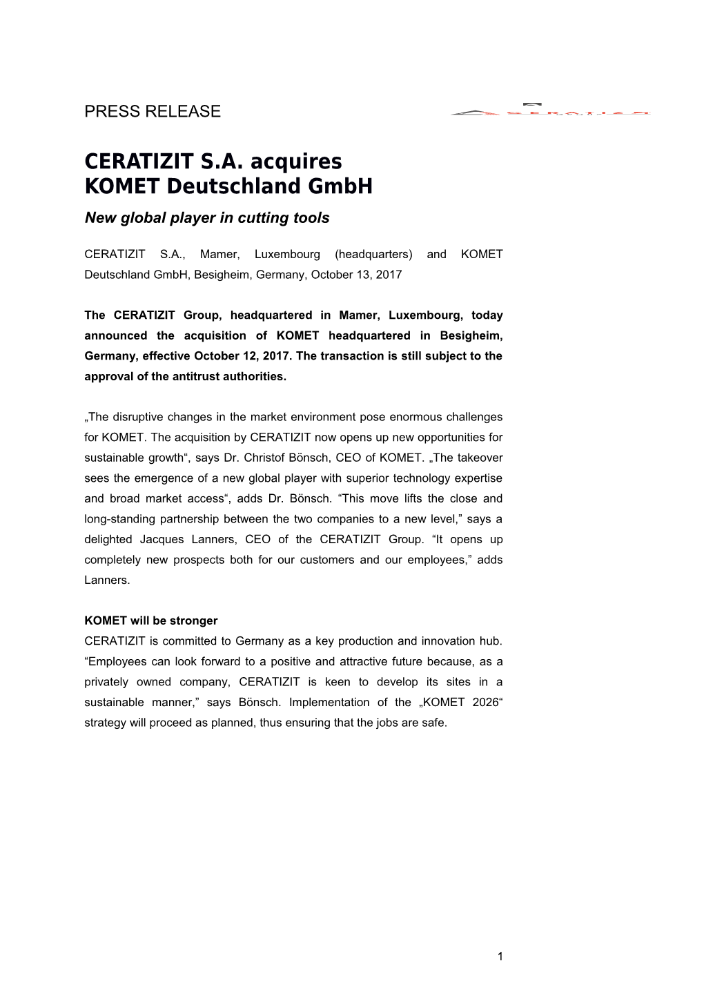 CERATIZIT S.A. Acquires KOMET Deutschland Gmbh