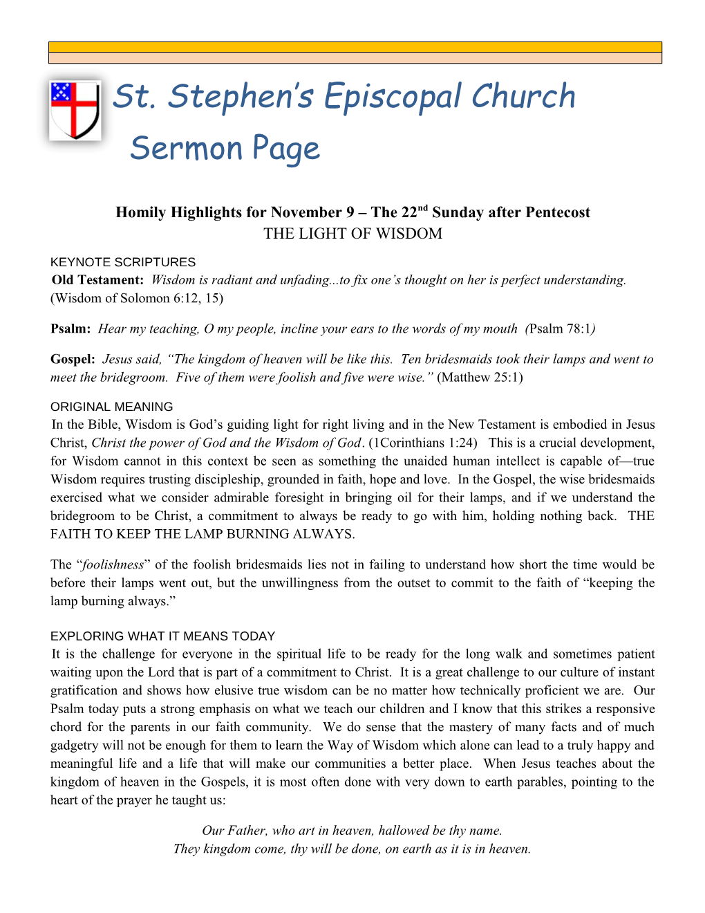 Homily Highlights for November 9 the 22Nd Sunday After Pentecost