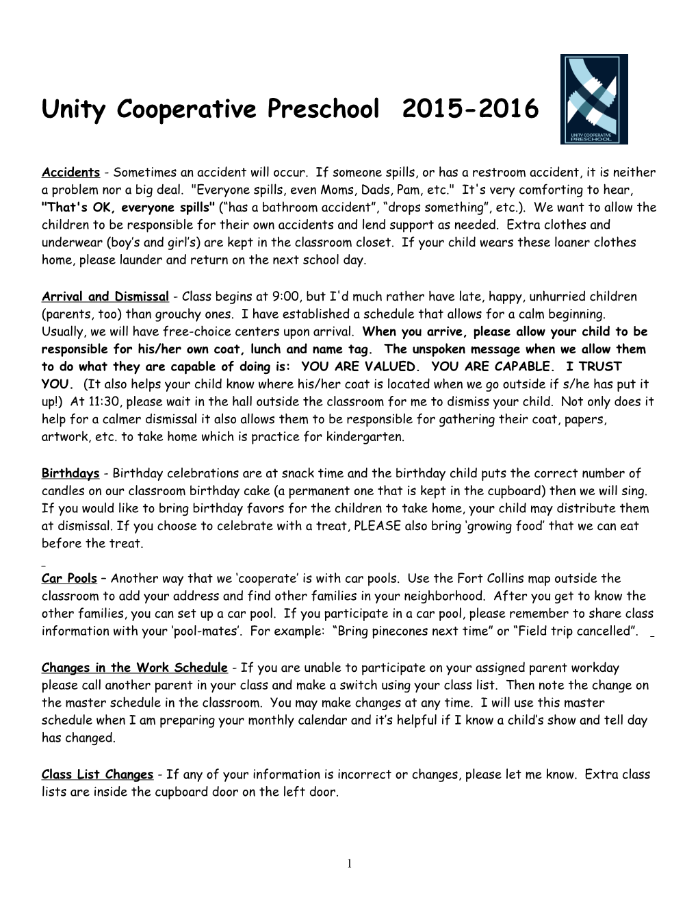 Unity Cooperative Preschool General Information 2005-06