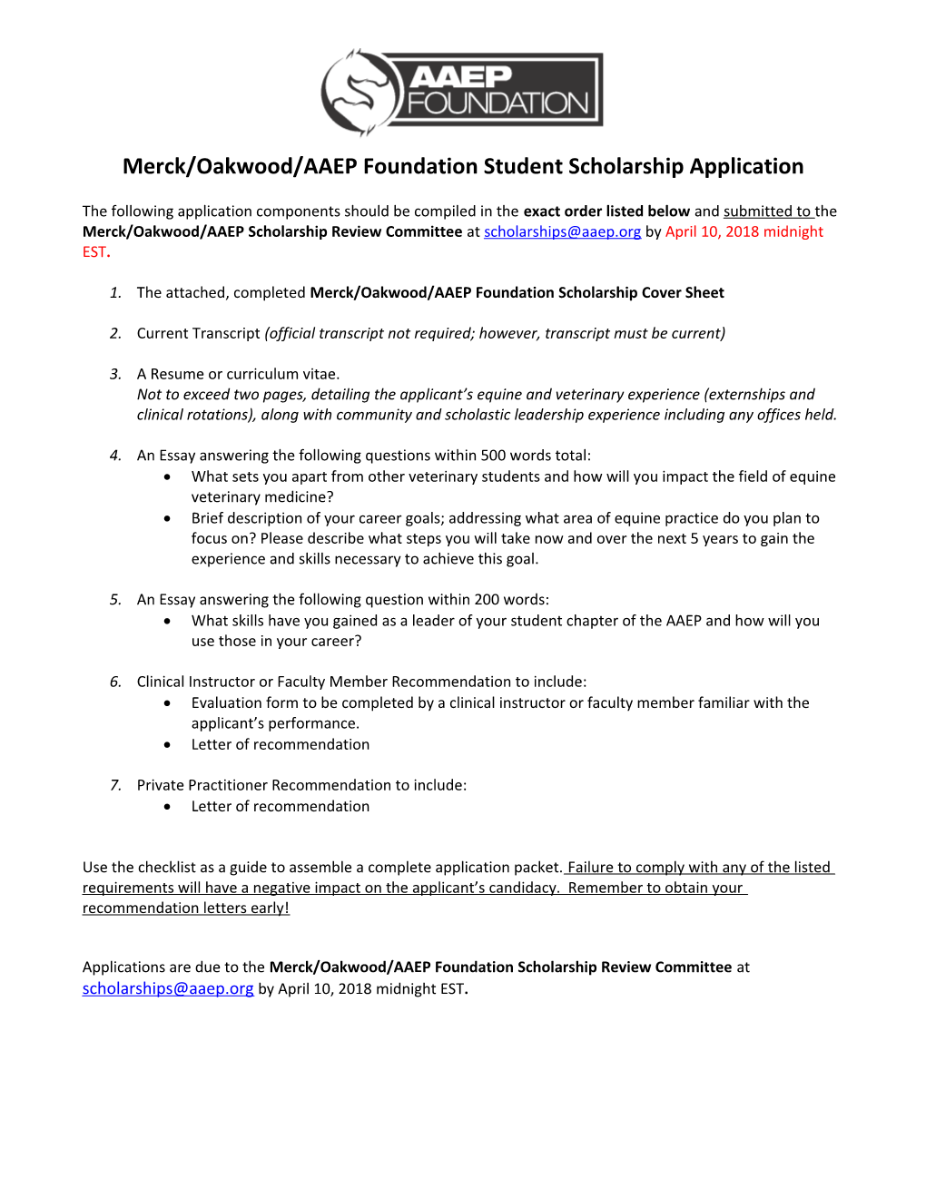 Merck/Oakwood/AAEP Foundation Student Scholarship Application