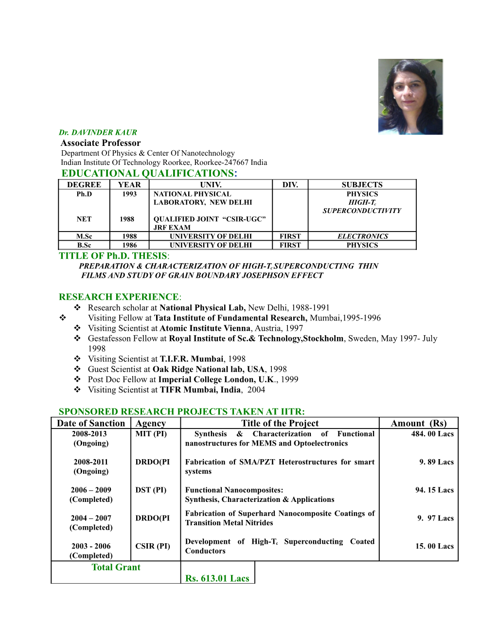 Department of Physics & Center of Nanotechnology