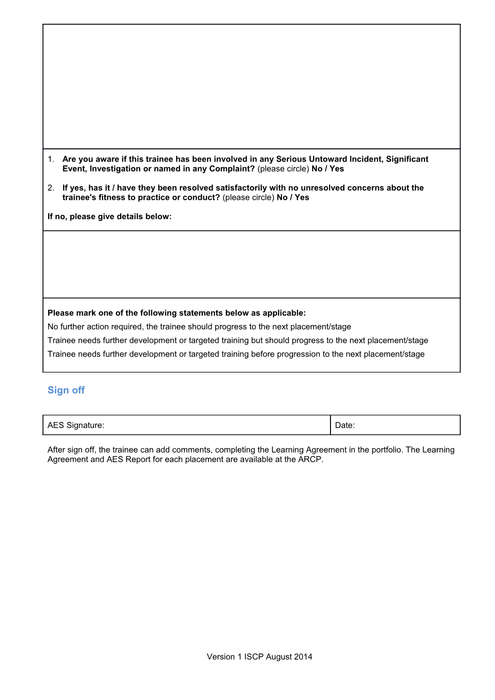 ISCP AES Report Template (For Illustrative Purposes Only Please Use Online Version)