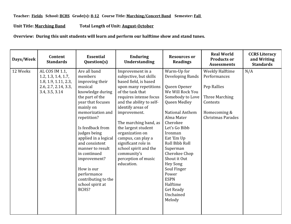 Unit Title:Marching Bandtotal Length of Unit:August-October