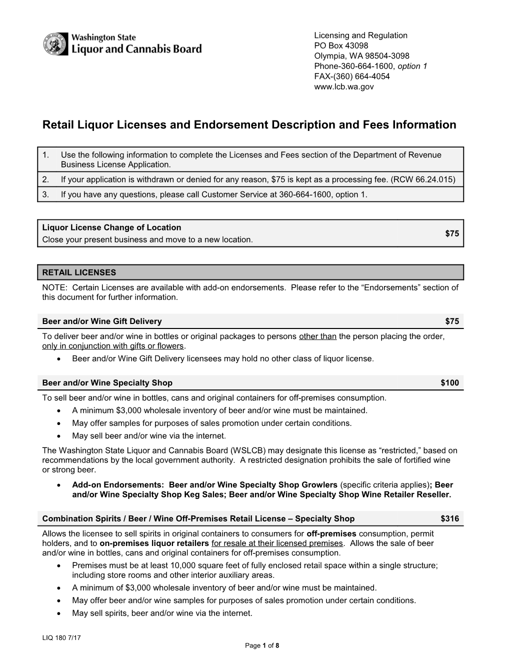 Retail Liquor License Descriptions and Fees