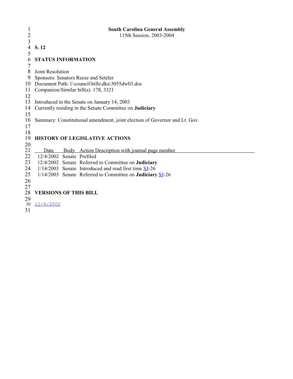 2003-2004 Bill 12: Constitutional Amendment, Joint Election of Governor and Lt. Gov.