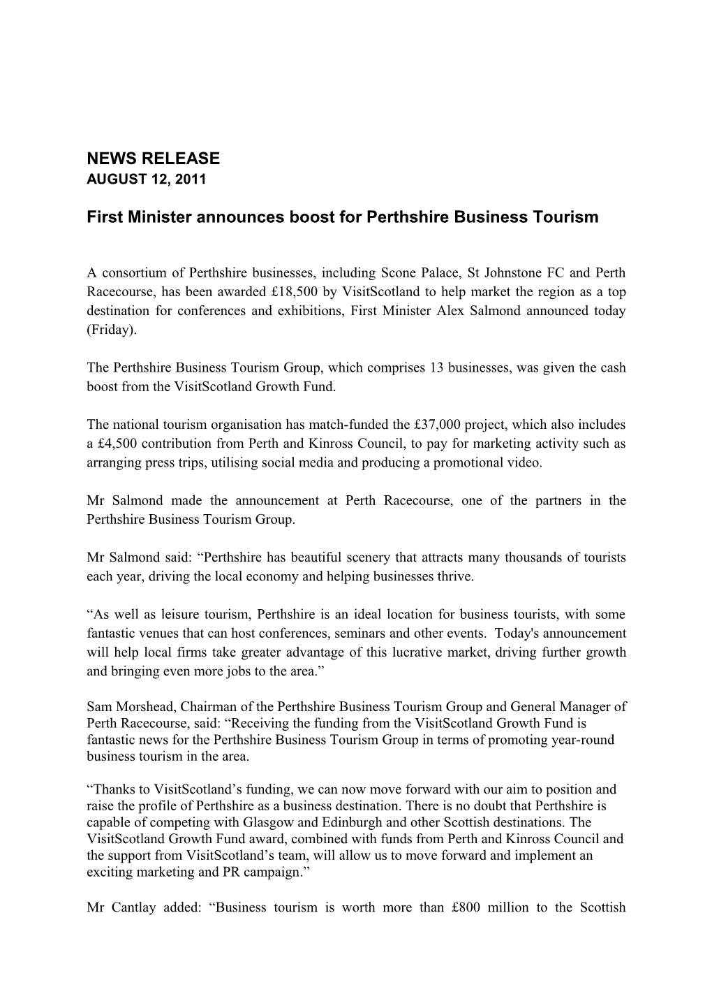 First Minister Announces Boost for Perthshire Business Tourism