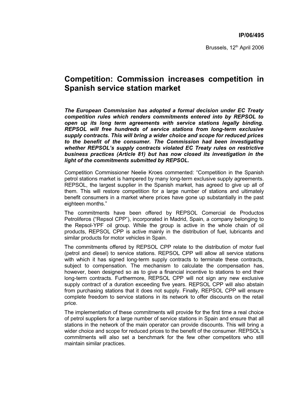 Competition: Commission Increases Competition in Spanish Service Station Market