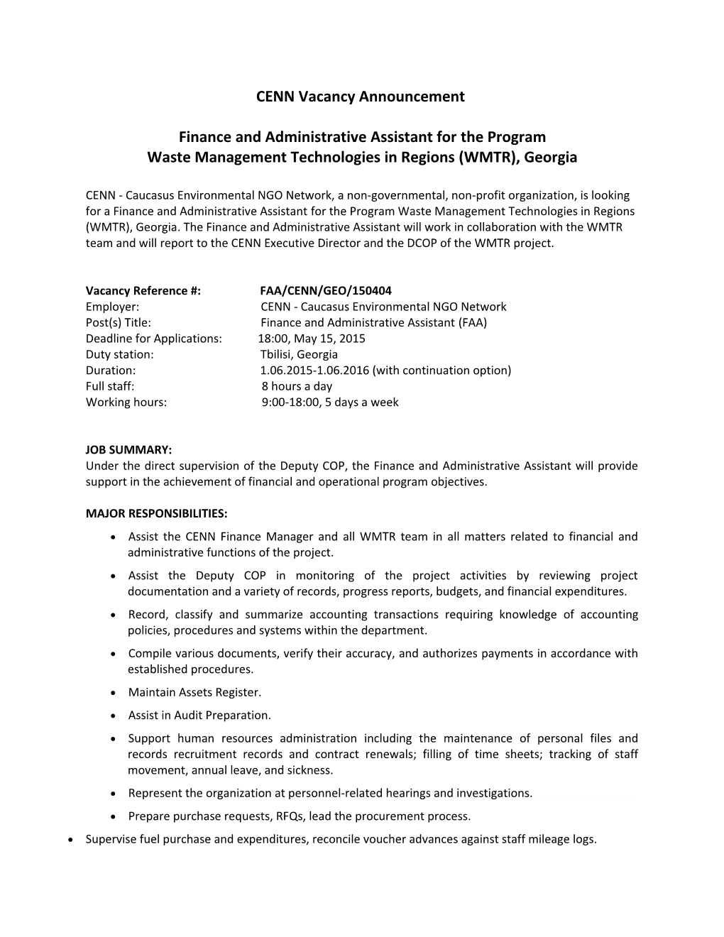 Finance and Administrative Assistantfor the Program