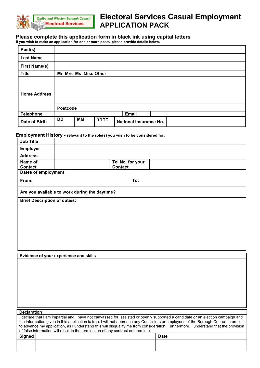 Please Complete This Application Form in Black Ink Using Capital Letters