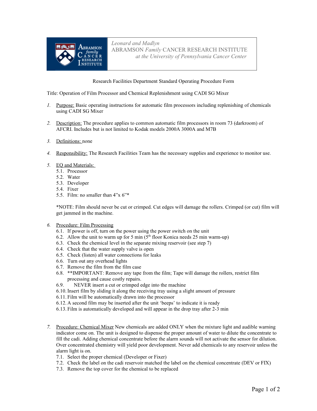 Research Facilities Department Standard Operating Procedure Form