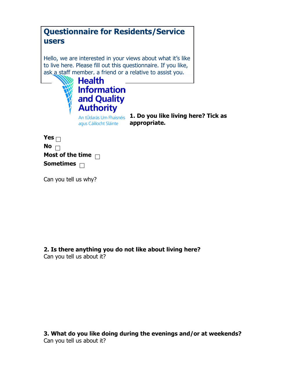 FQ02 HIQA Resident Pre Inspection Questionnaire