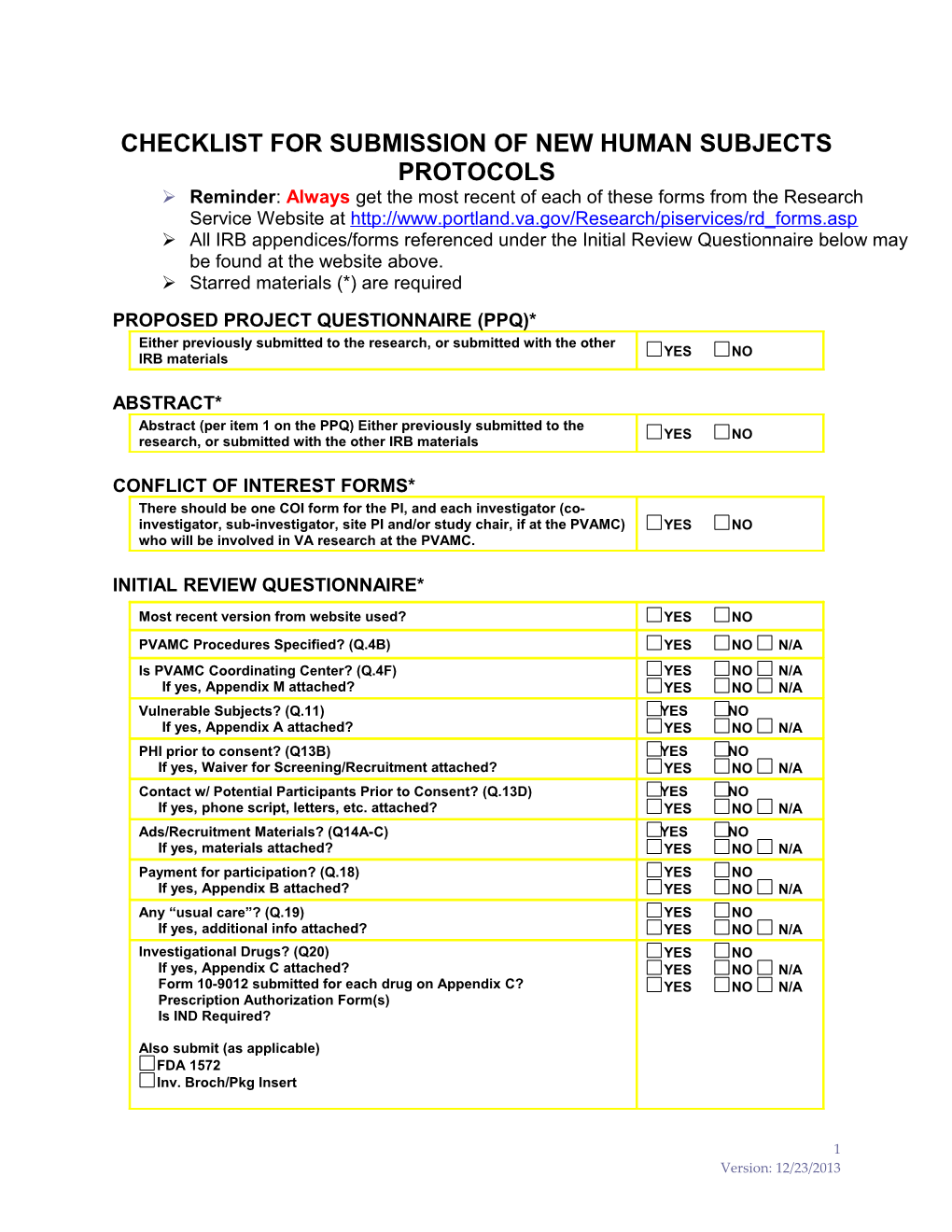 Checklist for Submission of New Human Subjects Protocols