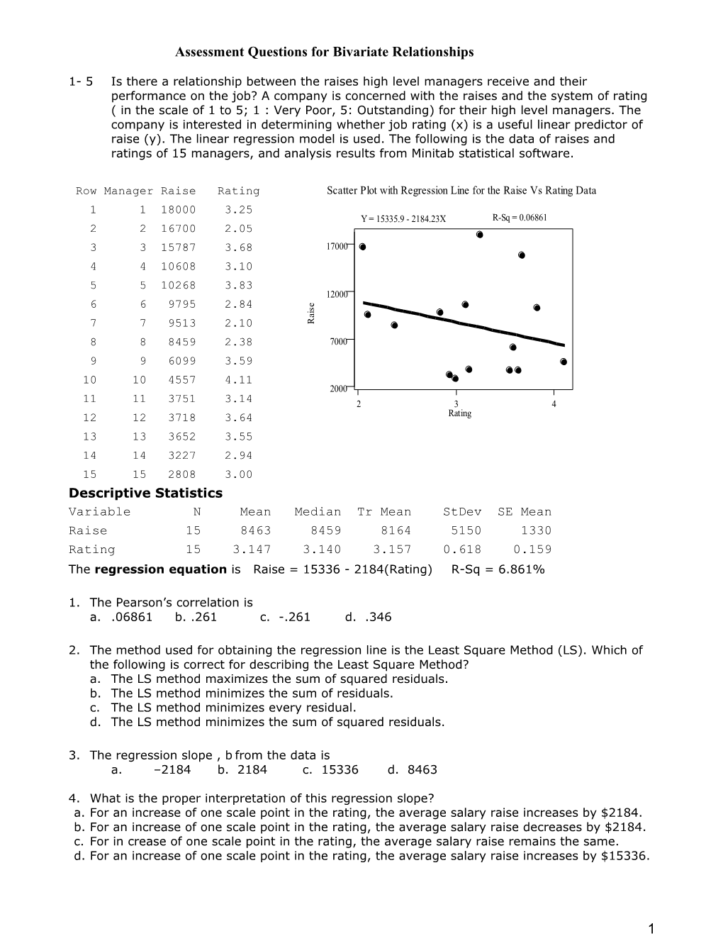Assessment Questions for Bivariate Relationships