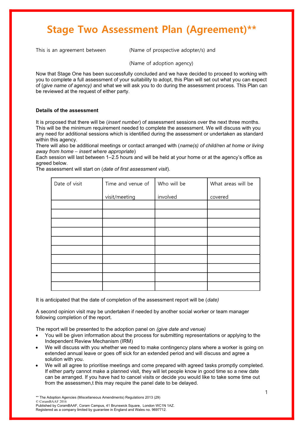 Stage Two Assessment Plan Agreement Form to Accompany PAR (England) January 2016