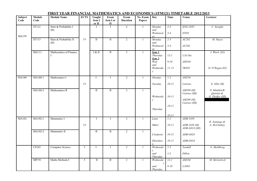 First Year Financial Mathematics and Economics (1Fm121) Timetable 2012/2013