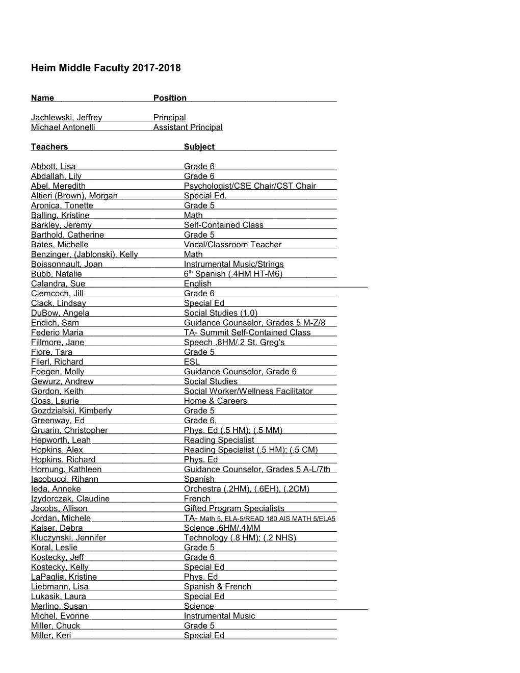 Heim Middle Faculty 2017-2018